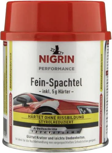 NIGRIN Performance Fein-Spachtel 245 g mit Härter - Effektive Reparatur für Kratzer und Dellen: Der NIGRIN Fein-Spachtel härtet schnell und erzeugt eine porenfreie Oberfläche, ideal für Kfz- und Hobbyarbeiten.