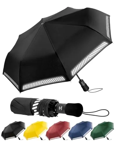 Chakipee Regenschirm Sturmfest Taschenschirm mit Reflexstreifen Schwarz Umbrella Kompakter Reise Winddichter Automatik Auf und Zu Doppelt Belüftetes Vordach 8 Rippen für Herren Damen Kinder