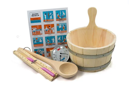 Karibu Zubehörset Starterpaket Sauna Classic 6-teilig - Sauna-Zubehör mit Aufgusskübel, Sanduhr und Klimamesser – alles, was Sie für ein perfektes Saunaerlebnis benötigen.