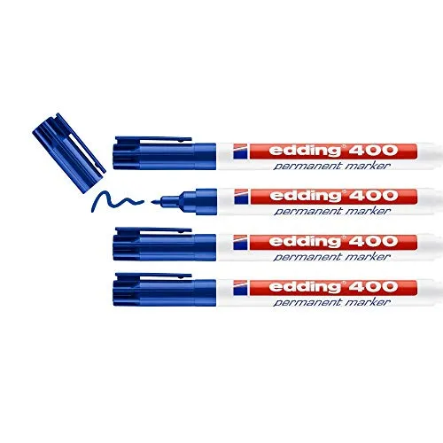 edding 400 Permanentmarker - blau - 4 Stifte - feine Rundspitze 1 mm - wasserfest, schnell-trocknend - wischfest - für Karton, Kunststoff, Holz, Metall, Glas