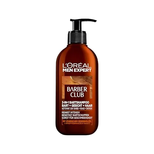 L'Oréal Men Expert Barber Club 3-in-1 Bartshampoo - Lotionen & Fluide – Pflegendes 3-in-1 Shampoo mit Zedernholzöl für die tägliche Reinigung von Bart, Gesicht und Haar. Ideal gegen Juckreiz und unangenehme Gerüche.
