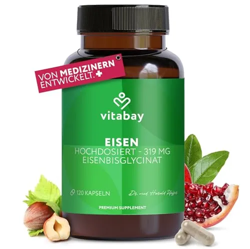 Vitabay Eisen Hochdosiert 319 mg – 120 Vegane Kapseln - Hochdosierte, pflanzliche Eisen Kapseln zur Unterstützung deines Eisenbedarfs. Laborgeprüfte Qualität und reinste Inhaltsstoffe ohne Zusatzstoffe für optimale Verträglichkeit.