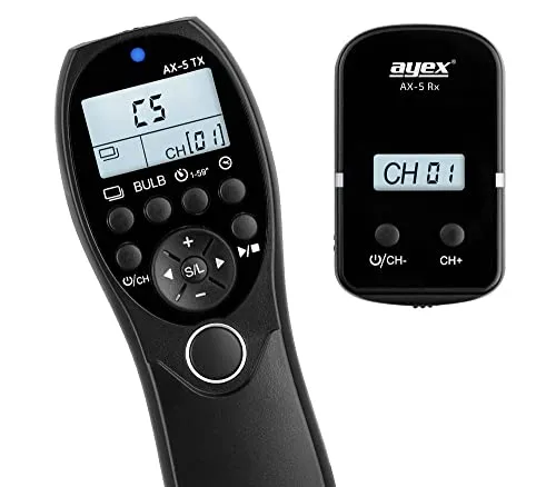 ayex Funk Timer-Fernauslöser AX-5 für Sony Kameras - Foto- & Video-Zubehör mit 100m Reichweite, ideal für Serienbilder und Langzeitbelichtung. Hochwertiges Design mit beleuchtetem LCD-Display.