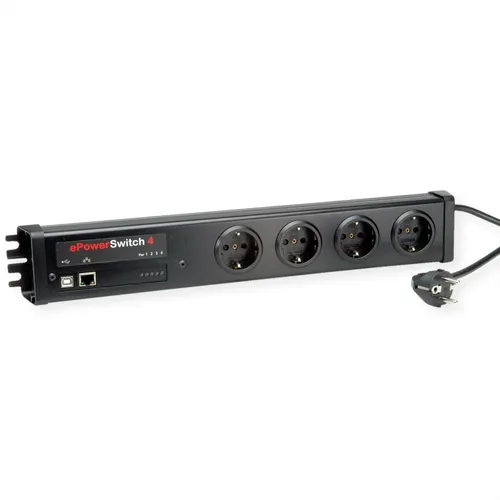 Neol ePowerSwitch-4+ D 19"/Office (Deutsch), USB - Intelligente Steckdosenleiste für 19"-Racks, mit 4 USB-Anschlüssen für eine einfache Stromversorgung von Geräten, ideal für Büros und Serverräume.