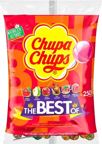 Chupa Chups The Best Of Nachfüllbeutel 250 Stück - Sonstige Süßigkeiten: Großpackung mit 250 Lollipops in verschiedenen Geschmacksrichtungen, ideal für Kioske, Gastronomie und als Wurfmaterial für Karneval.
