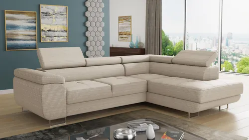 Ecksofa Caris mit Schlaffunktion und Kopfstützen – Beige Cord - Ecksofa Caris in L-Form, ideal für kleine Räume. Mit praktischem Bettkasten und Schlaffunktion, plus einstellbare Kopfstützen für optimalen Komfort.