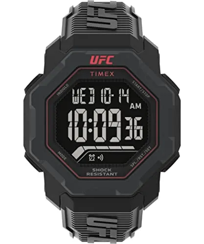Timex UFC Strength Knockout 48mm Herren-Armbanduhr - Sportliche Armbanduhr für Herren mit 48mm schwarzem Harzgehäuse, Stoppuhr und Schrittzählung, ideal für aktive Freizeitgestaltung und Wassersport bis 100m.