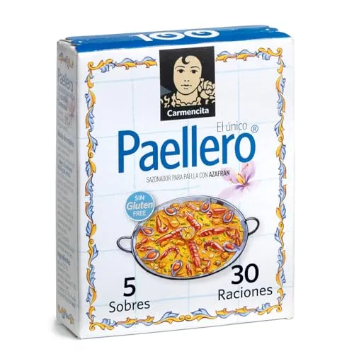 Carmencita Paella-Pfanne Gewürzmischung mit Safran - Die glutenfreie Gewürzmischung von Carmencita für eine authentische Paella zu Hause. Mit 5 praktischen Beuteln à 4 g für 30 Portionen, sorgt sie für köstlichen Geschmack und einfache Zubereitung.