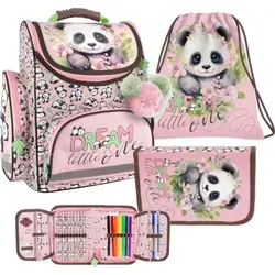 Schulset für Mädchen 3-teilig Sweet Panda 10 Derform - Rosa/Grün - 3-teiliges Schulset für Mädchen mit ergonomischem Rucksack, Federmäppchen und Turntasche. Perfekt organisiert mit viel Zubehör, ideal für Schule und Freizeit. Hochwertiges Design und bequeme Trageweise.