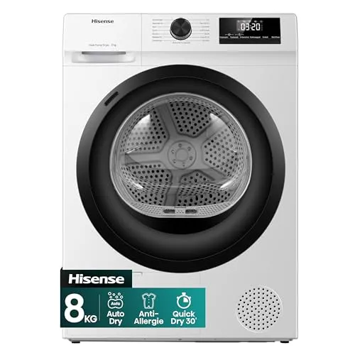 Hisense DHQE800BW2 Wärmepumpentrockner 8 kg - Effizienter Wärmepumpentrockner in Weiß mit 8 kg Füllmenge, ideal für den täglichen Einsatz. Kompakt und energieeffizient, perfekt für Ihr Zuhause.