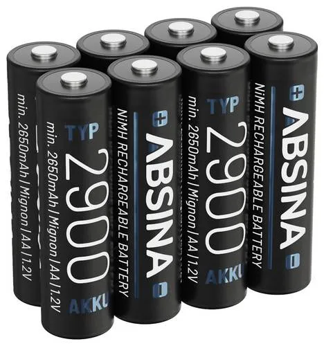 ABSINA Akku AA Mignon 2900 - 8er Pack NiMH, 2650mAh für hohe Strombedarfsgeräte, umweltfreundlich und langlebig