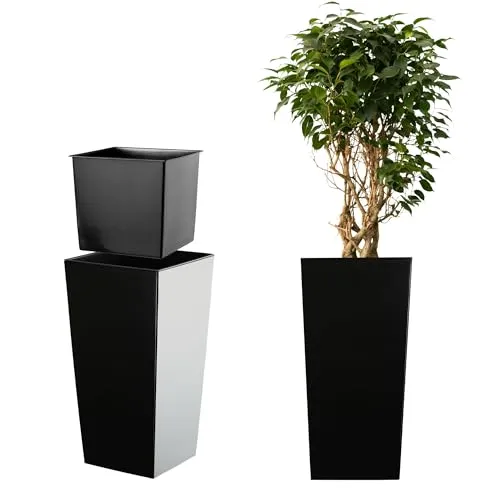 KADAX Pflanzkübel mit Innentopf, Höhe 68cm, Schwarz-glatt – Wetterfester Blumentopf für Innen & Außen, ideal für Garten, Balkon & Terrasse, zum Bepflanzen, Dekorieren und als stilvoller Übertopf