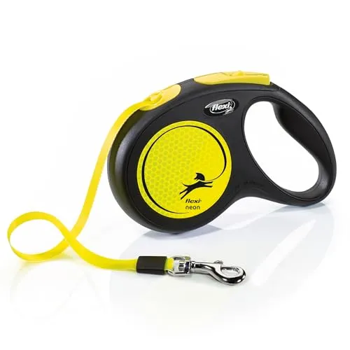 New NEON leash M 5M 25KG black neon yellow - Reflektierende Rollleine für Hunde, mehr Sicherheit durch bessere Sichtbarkeit und innovatives Bandführungssystem