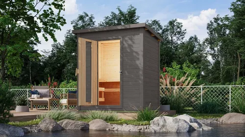 Saunahaus KARIBU "Talo 1" - Graues Saunahaus aus nordischer Fichte - Saunen für den Außenbereich, hochwertig aus 38 mm Wandbrettern, mit Energiespartür und Platz für 2 Bänke für entspannende Wellnessstunden im eigenen Garten.