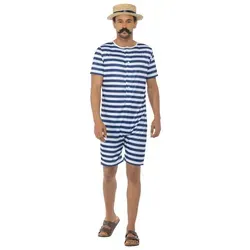 REDSUN Retro Ringel-Badeanzug weiss-blau S - Kostüm für Karneval, aus 100% Polyester, sorgt für einen nostalgischen Look und ist perfekt für Partys oder Strandbesuche.