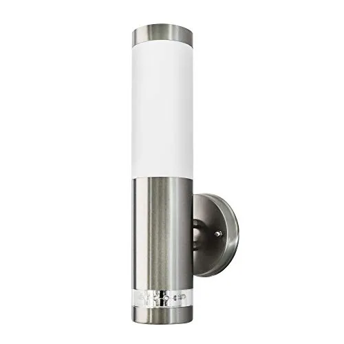 LED-Außenwandleuchte aus Edelstahl - Stilvolle Beleuchtung in Silber - Elegante LED-Außenwandleuchte aus hochwertigem V2A-Edelstahl. Kompakt und effizient mit E27 Fassung für individuelle Leuchtmittel bis 15W. Ideal für stimmungsvolle Akzente im Außenbereich, IP44 Schutz für langanhaltenden Einsatz.
