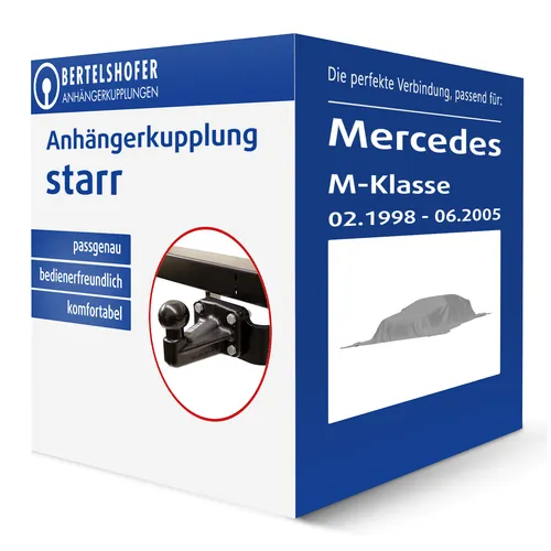 Starre Anhängerkupplung Auto Hak für Mercedes M-Klasse 1998-2005 - Anhängerkupplung für Mercedes M-Klasse, starr mit 3500 kg Anhängelast, keine Eintragung in Fahrzeugpapiere notwendig, inklusive Montagezubehör.