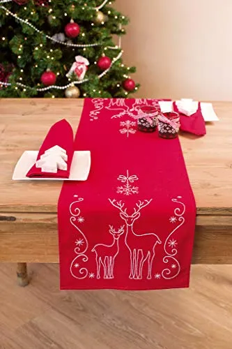 VERVACO Stickpackung Kreuzstich Set Vorgedruckt Tischläufer Rehe & Eiskristalle Stickdecken Vorgezeichnet Basteln Erwachsene Kreativ Stickläufer zum Selbersticken 30 x 105 cm Stickset
