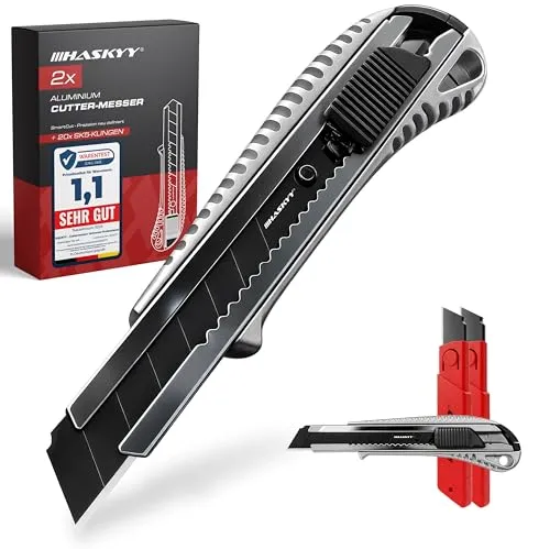 HASKYY Cuttermesser Teppichmesser Cutter Set 2 Stück inkl. 20x SK5 8-Segment-Klingen 18mm, Ergonomischer Anti-Rutsch-Griff, Klingenbrecher, Schnellwechselsystem & Lock-Funktion