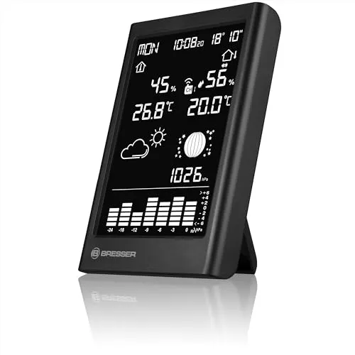BRESSER Funk-Wetterstation MeteoTemp TBV - Wetterstation mit DCF-Zeitsignal und Wettervorhersage, ideal für präzise Wetterdaten und Alarmfunktionen, perfekt für Zuhause oder das Büro.