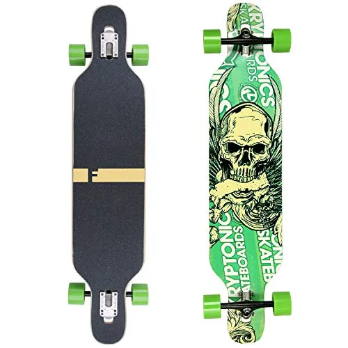 FunTomia Longboard - Camber Twin Tip mit LED Rollen - Longboard für Carving, Cruising und Freeride, aus 8-lagigem Ahornholz, ideal für Einsteiger und Fortgeschrittene. Flex 2 für ein Gewicht von 25 bis 84 kg und stylische grüne Totenkopf-Optik.