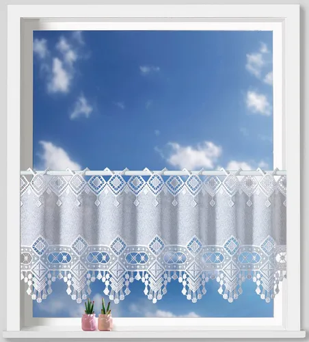 Weckbrodt Scheibengardine Adriana – Maßanfertigung, halbtransparent mit Stangendurchzug - Die maßgefertigte Scheibengardine "Adriana" verbindet elegante Stickkunst mit einer hochwertigen Makramèe-Bordüre. Ideal für Fenster mit Stil, sorgt sie für eine stilvolle Lichtdurchlässigkeit.