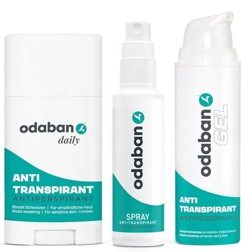 odaban Komplett Set - Antitranspirant Spray + Deo Stick + GEL gegen Schwitzen im Gesicht, schwitzige Hände, Käsefüße - gegen starkes Schwitzen mit Aluminium - Handschweiß, Achselschweiß