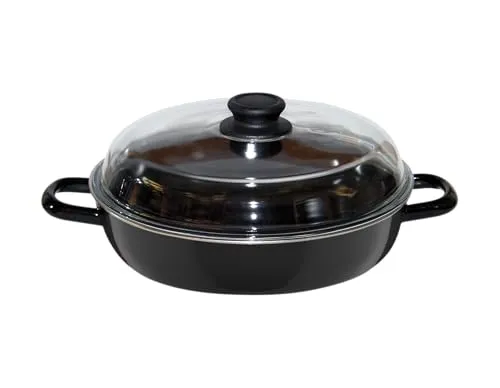 Riess Schmor- Bratpfanne mit Glasdeckel Ø20cm schwarz Emaille - Vielseitig und nachhaltig - Pfanne für Schmorgerichte, Gemüse und Fleisch. Hergestellt aus hochwertiger Emaille, sorgt sie für exzellente Wärmeleitung und ist ideal für alle Herdarten.