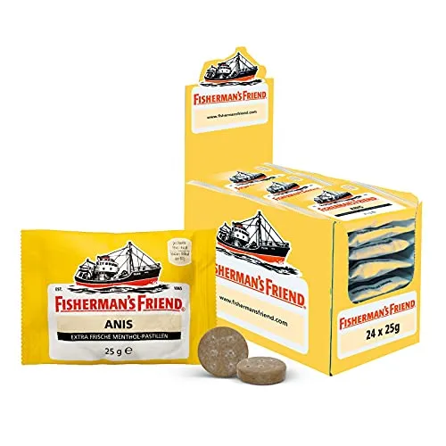 Fisherman's Friend Lakritz-Anis (24 x 25g) - Hustenbonbons mit intensivem Anis- und Lakritzgeschmack, ideal zur Linderung von Husten und zur Erfrischung. Perfekt für unterwegs!