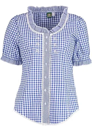 OS Trachten Damen Bluse Kurzarm mit Rundhalsausschnitt - Elegante Trachtenbluse in Mittelblau, taillierte Passform mit Rüschen und Hirsch-Stickereien. Ideal für festliche Anlässe und kombiniert Tradition mit modernem Stil.