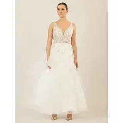APART Hochzeitskleid mit besticktem Tüll, Creme, Größe 40 - Elegantes Brautkleid mit tiefem Ausschnitt, eingearbeiteten Brustpads und weit schwingendem Rock aus weichem Tüll, ideal für einen unvergesslichen Hochzeitstag.