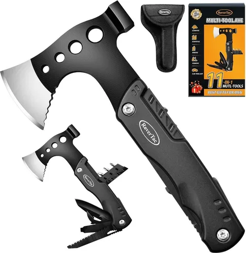 RoverTac Multitool Beil – 11-in-1 Camping Werkzeug für Männer - Vielseitiges RoverTac Multitool Beil mit 11 Funktionen, ideal für Outdoor-Aktivitäten. Robuste Edelstahlkonstruktion und praktische Nylonscheide für einfachen Transport und sicheren Zugriff.