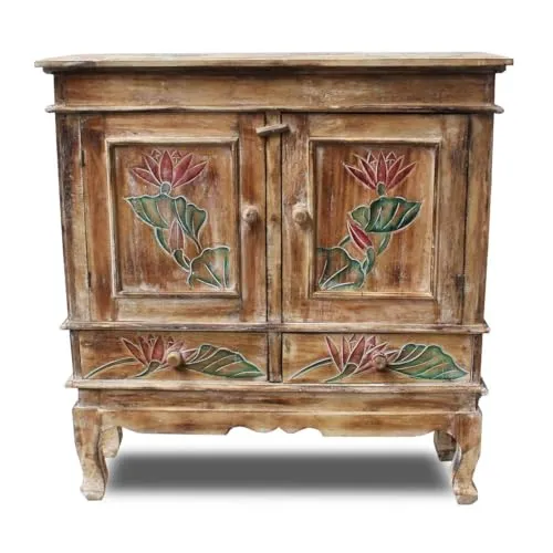 Oriental Galerie Schrank Kommode - Handgefertigter Flurschrank mit Lotus-Design - Kommode aus leichtem Albesia-Holz, mit 2 großen Fächern und 2 Schubladen. Handgeschnitzte Ornamente machen jedes Stück einzigartig. Ideal für die stilvolle Aufbewahrung.