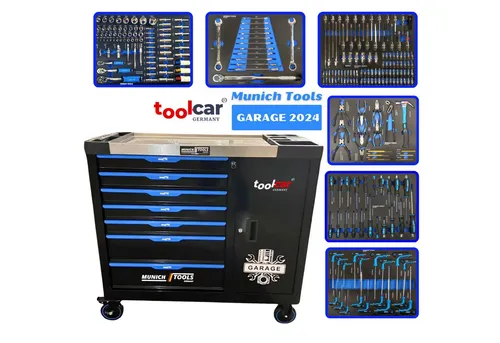 Toolcar Werkzeugwagen Munich Tools Garage 2024 - Werkstattwagen mit 7 robusten Schubladen, ausgestattet mit hochwertigem Werkzeugset aus Chrom-Vanadium-Stahl. Ideal für Profis und Hobbyhandwerker, bietet er durch kugelgelagerte Führungen und eine Edelstahl-Arbeitsplatte höchste Funktionalität.