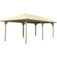 Skan Holz Carport Taunus 439 cm x 786 cm - Massiver Zeltdach-Carport aus hochwertigem Leimholz, ideal für zuverlässigen Schutz Ihres Fahrzeugs. Außenmaße: 439 x 786 cm, inklusive stabilen H-Ankern für hohe Standfestigkeit.