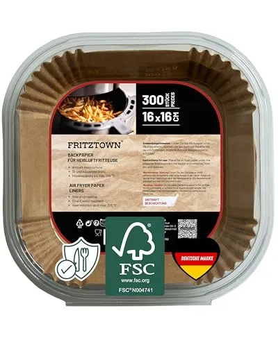 FRITZTOWN Backpapier für Heißluftfritteuse 1,2L-4,5L | Air Fryer Backpapier Pergamentpapier | 300 Blatt 16x16 cm Quadratisch | Kompatibel mit Ninja COSORI Philips Cecotec Midea Russell XL XXL Airfryer