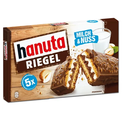 Ferrero Hanuta Riegel - 5er Packung - Feine Schokolade mit knuspriger Waffel, ideal für den kleinen Snack zwischendurch.
