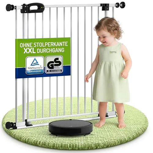 Bomi Treppenschutzgitter Merle Flatstep – TÜV geprüftes Kinderschutzgitter 71-79 cm - Sicher & bequem: Das flache Treppenschutzgitter ermöglicht einfaches Durchfahren mit Kinderwagen. Hochwertige Materialien und zwei-Wege Öffnung garantieren Schutz und Komfort im Alltag.