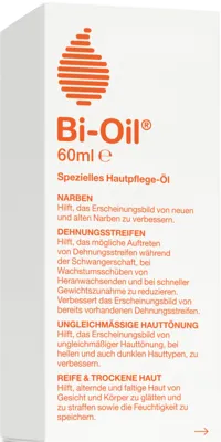 BI-OIL 60 ml - Bi-Oil zur Verbesserung des Hautbildes, ideal für Narben und Dehnungsstreifen. Die spezielle Formel mit Pflanzenextrakten sorgt für ein leichtes, nicht fettendes Gefühl und pflegt reife Haut.