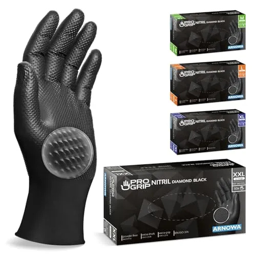 PROGRIP Einweghandschuhe Diamant Grip - Extra starke Nitrilhandschuhe in Schwarz, Gr. XXL - EXTRA DICKE EINWEGHANDSCHUHE ✓ Diese Nitrilhandschuhe sind mit 8g mindestens 2x dicker als Standardmodelle. Ideal für präzises Arbeiten und zuverlässigen Schutz bei Montage- und Reinigungsarbeiten!