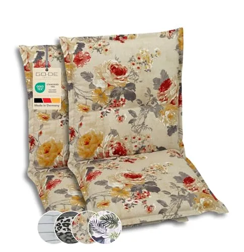 GO-DE Textil Polsterauflagen für Niederlehner-Gartenstühle - Polster für Stühle & Sessel, 2er-Set mit weicher Schaum-Vliesfüllung für optimalen Sitzkomfort und UV-beständigem Druckstoff, ideal für Garten und Balkon.