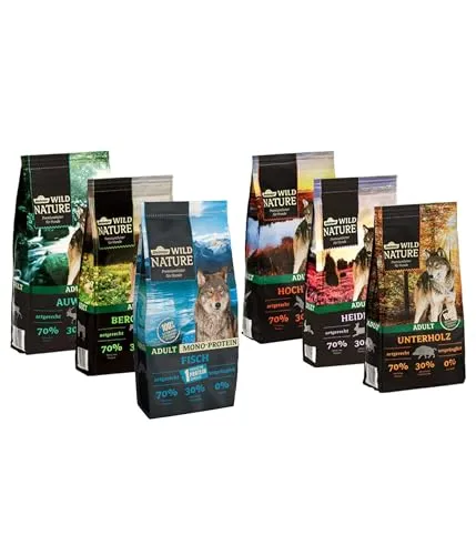 Dehner Wild Nature Hundetrockenfutter Adult Probier-Set - Hundefutter Set mit 6 verschiedenen, getreidefreien Sorten, reich an Fleisch und 100% natürlichen Zutaten – ideal zum Ausprobieren für eine gesunde Ernährung.