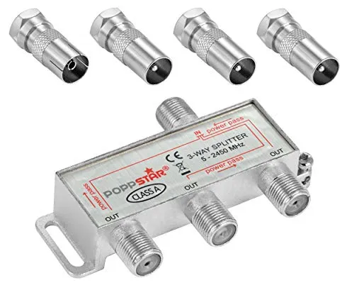 Poppstar Sat-Verteiler Antennenverteiler Splitter Umschalter 3-Fach inkl. IEC Stecker (analog/digital/BK/unicable/HD/4K tauglich) für TV,Antenne,Satellit,Kabel,Fernseher,Radio,LNB