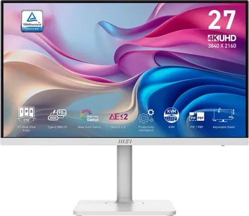 MSI Modern MD272UPHW 27-Zoll-UHD-Büromonitor - 27" UHD-Monitor mit 3840 x 2160 Auflösung und augenfreundlicher Technologie, ideal für langen Einsatz im Büro. Unterstützt PIP/PBP-Funktionen für verbesserten Workflow.