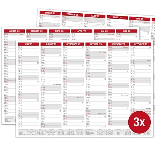 Tafelkalender 2025 A4 - Kalender 2025 "Rot" mit Ferien & Feiertagen | Wandkalender, Jahreskalender 2025 DIN A4 als Jahresplaner | Blattkalender 12 Monate auf Vorder- und Rückseite (3 Stück Papier)