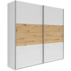 Schwebetürenschrank Saturn in Weiß/Eiche Artisan - Moderner Schwebetürenschrank mit großzügigem Stauraum (ca. 218 x 210 x 59 cm) und flexibler Innenaufteilung. Ideal für eine stilvolle und geordnete Garderobe.