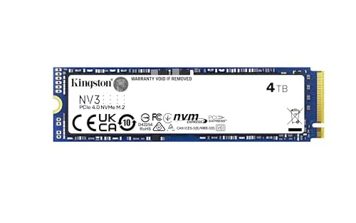 Kingston 4000 GB NV3 M.2 2280 PCIe 4.0 NVMe SSD - Hochleistungs-SSD mit Gen 4x4 NVMe PCIe-Technologie, ideal für schnelle System-Upgrades. Beeindruckende Lese-/Schreibgeschwindigkeiten von bis zu 6.000/5.000 MB/s und kompakte Bauform für platzsparende Geräte.
