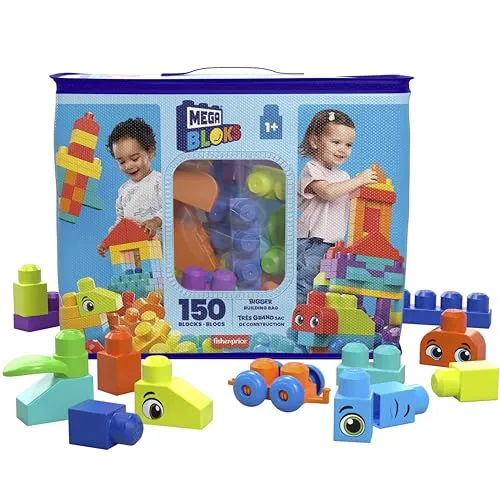MEGA HHM96 - MEGA BLOKS Bausteinebeutel Deluxe - Bauspielzeugset mit 150 großen, farbenfrohen Bausteinen, die die Fantasie anregen und die Feinmotorik fördern. Inklusive wiederverwendbarem Aufbewahrungsbeutel für mehr Ordnung.