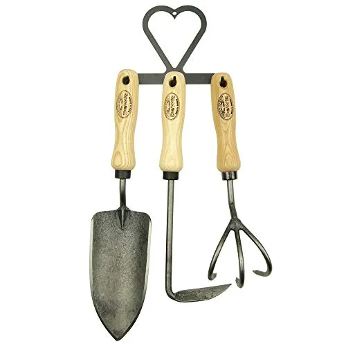 DeWit Gartenwerkzeug-Set 4-teilig: geschmiedete Blumenkelle, Unkraut-Jäter, Blumenkralle & Werkzeug-Hacke in Herzform I Profi Garten-Tools aus Borstahl zum Aufhängen I Garden Tools – Made in Holland