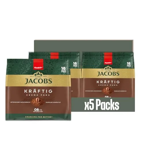Jacobs Pads Crema Kräftig - 90 Senseo kompatible Kaffeepads - Kaffee: Vollmundiger Geschmack mit intensiver Röstung und dichter Crema – ideal für starke Kaffeeliebhaber. Kompatibel mit allen gängigen Senseo Maschinen.